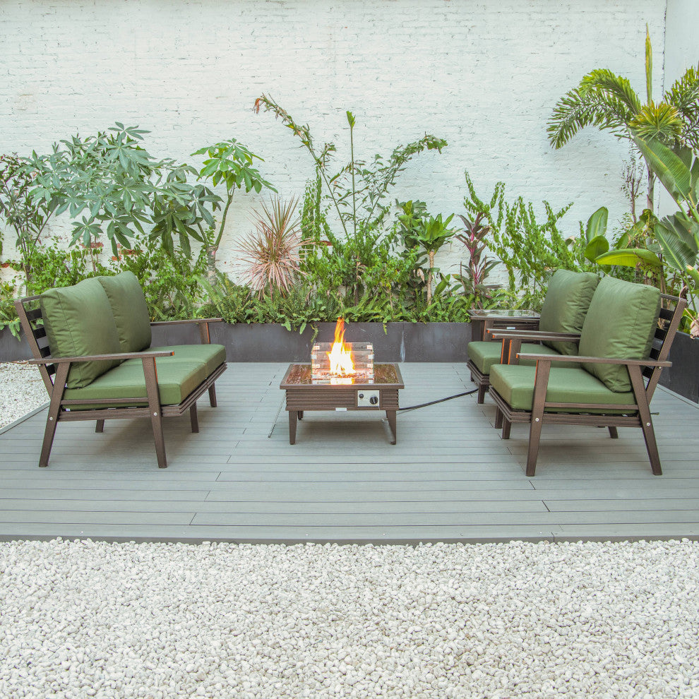 LeisureMod Walbrooke Patio Conversation Set With Fire Pit Table, Green