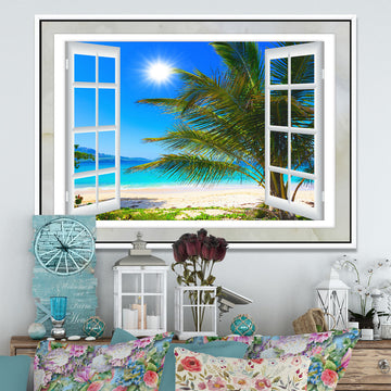 Designart Window Open Beach Palm Extra Large Framed Canvas Art, White, 46x36