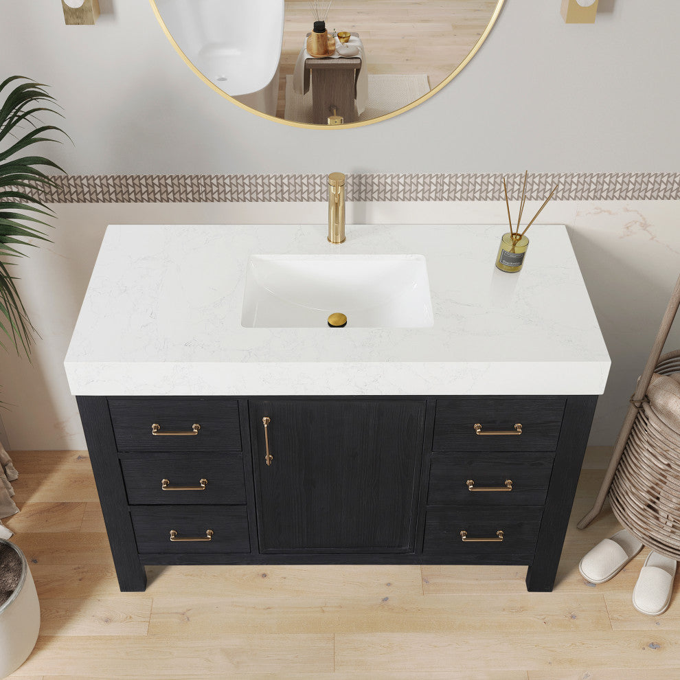 Leon Bath Vanity With Composite Stone Top, Fir Wood Black, 48", With Mirror