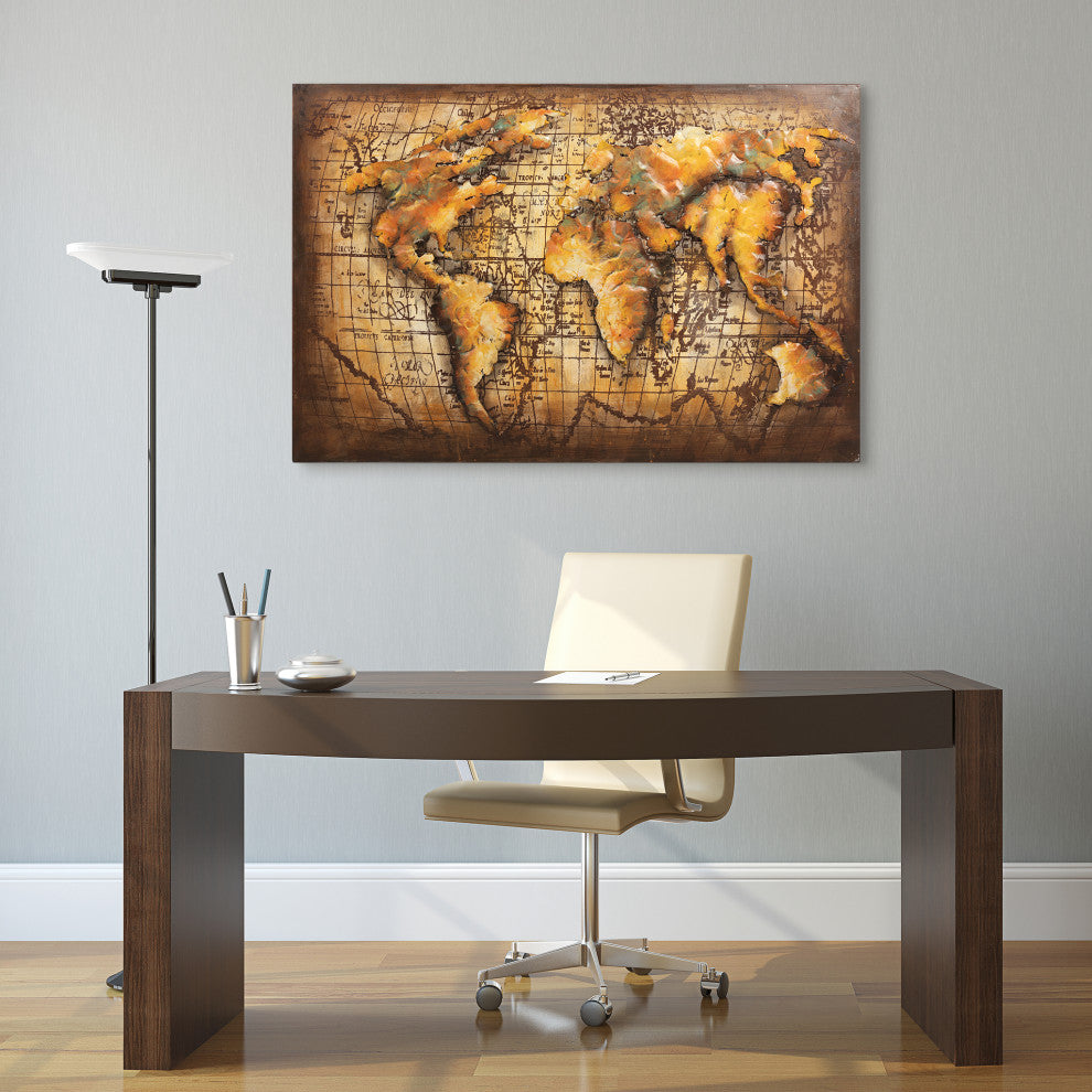 "Globe" World Map Mixed Media Iron Hand Painted Dimensional Wall Decor 48"x32"