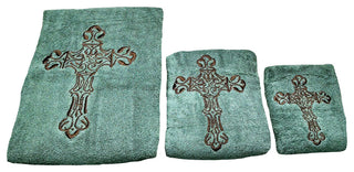 Embroidered Cross Towel Set, Mocha, 3 Piece, Turquoise