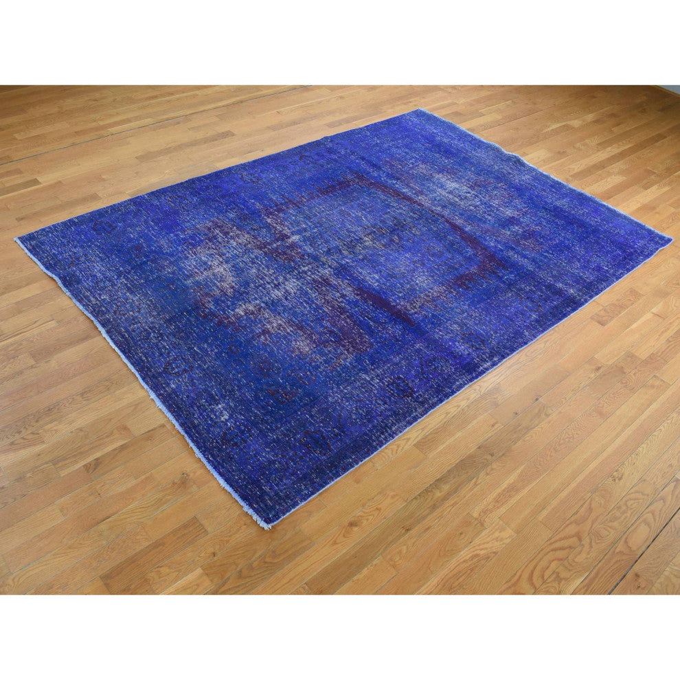 Purple, Overdyed Persian Viss Design Soft Wool Hand Knotted Rug, 6'10"x10'1"