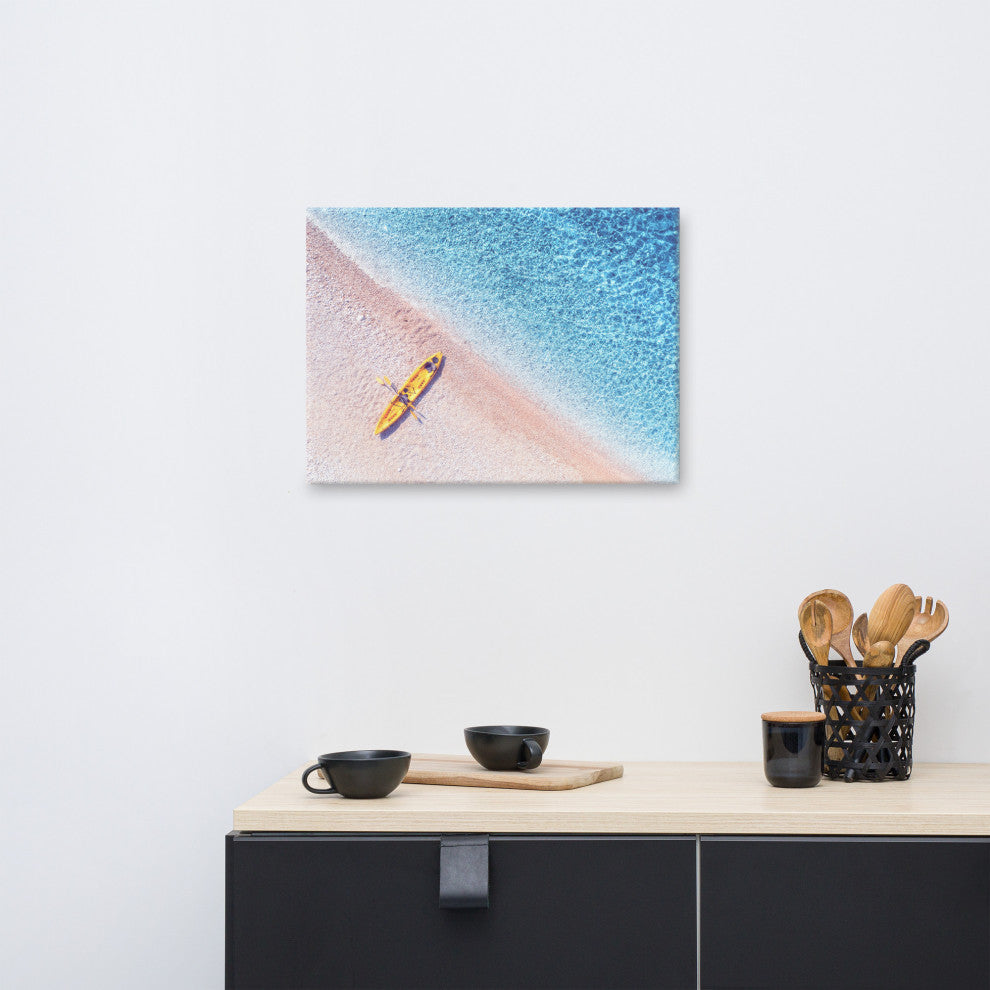 Yellow Canoe and Blue Sea by with Violet Glow Landscape Photo Canvas Art Print, 18" X 24"