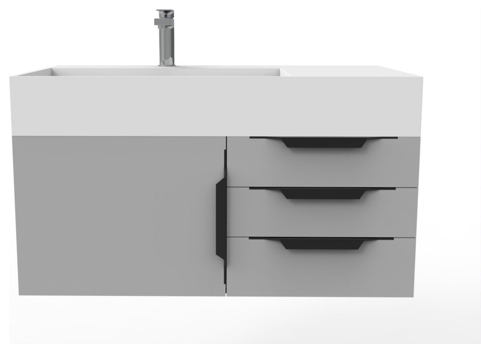 CastelloUSA Amazon 36" Wall Mount Vanity Set, Gray, White Top, Black Handles