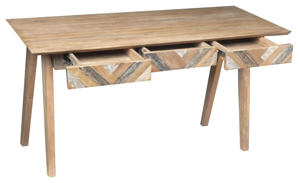 Recycled Teak Wood Brux Art Deco Writing Desk with 3 Drawers