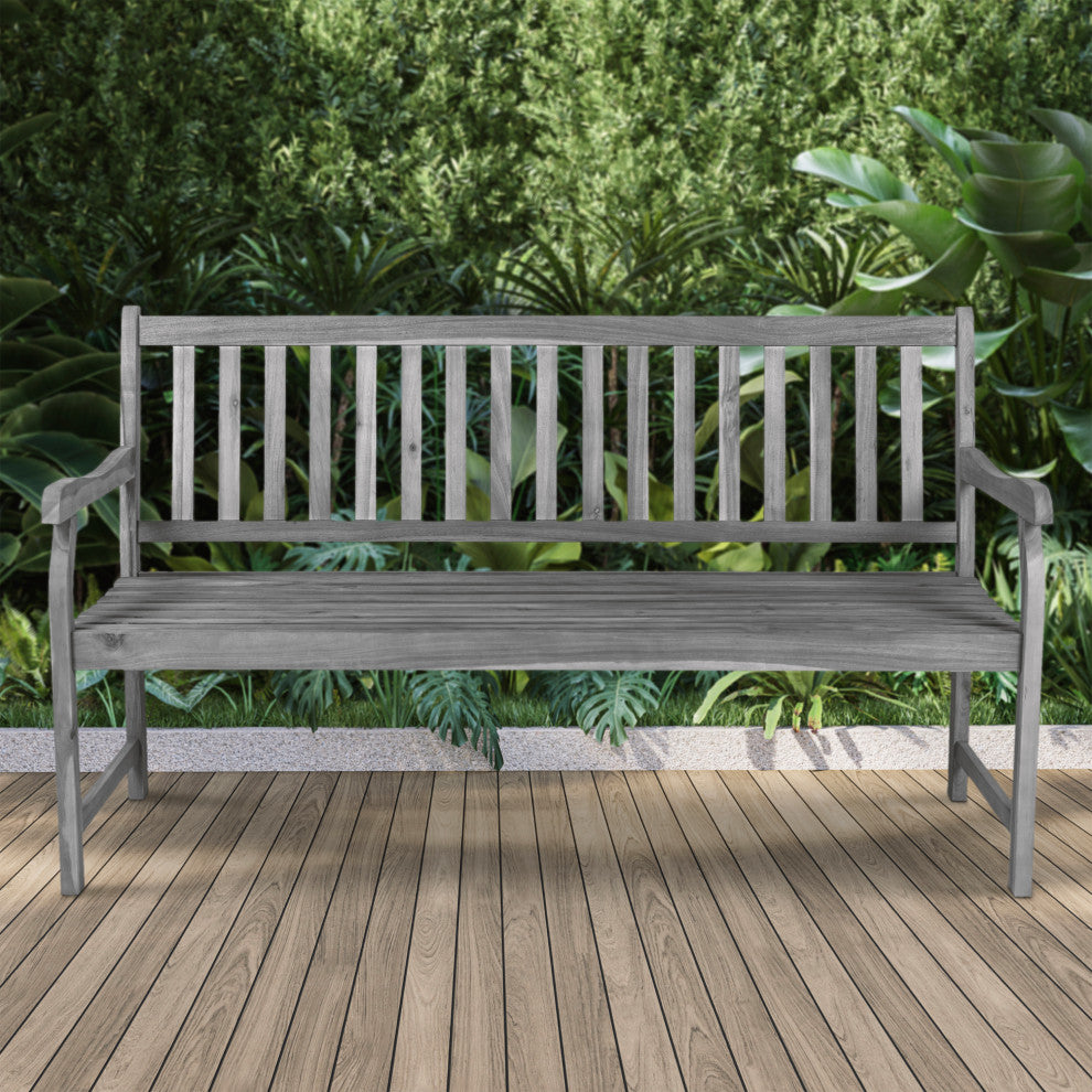 Laurel 59.1" 3-Seat Slat-Back Acacia Wood Outdoor Garden Patio Bench, Gray