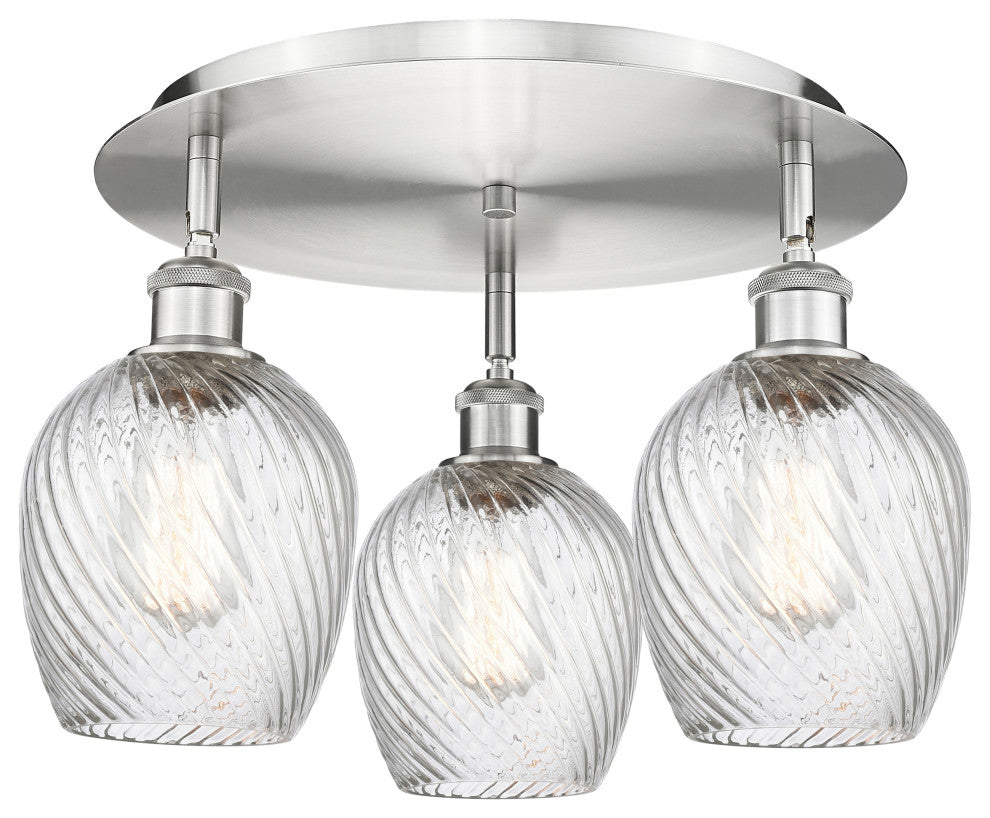 Salina-3 Light 17" Flush Mount-Satin Nickel, Clear Spiral Fluted Glass Shade