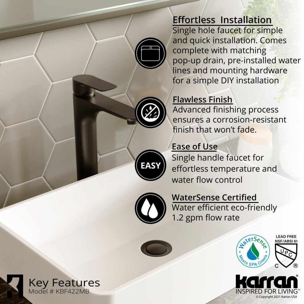 Karran KBF422 1-Hole 1-Handle Vessel Faucet With Pop-up Drain, Matte Black