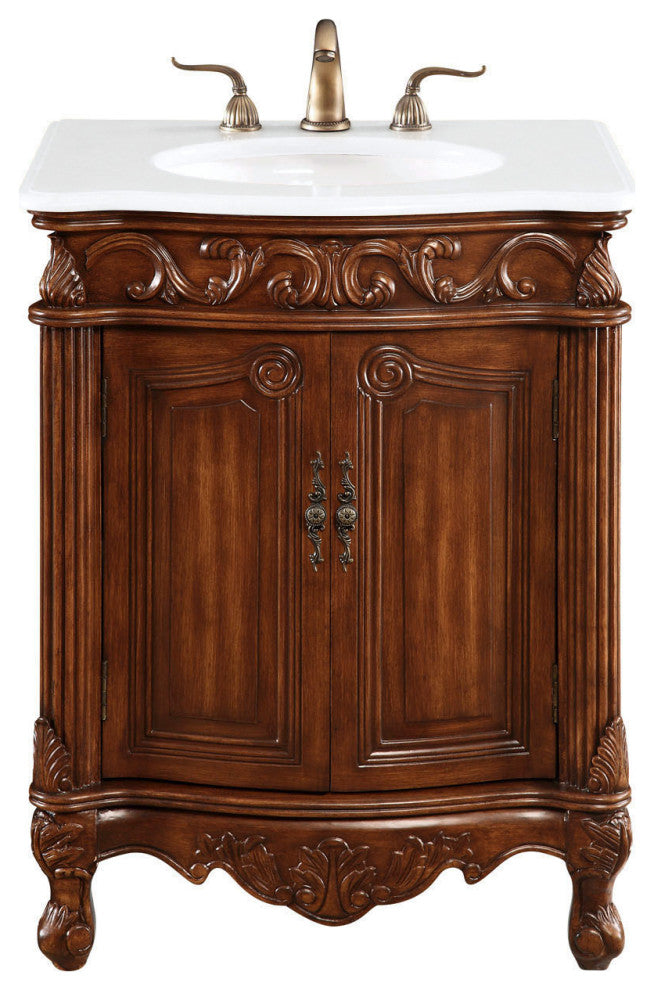 27" Single Bathroom Vanity, Antique Beige With ivory white engineered marble, Teak, Ivory White Engineered Marble Top