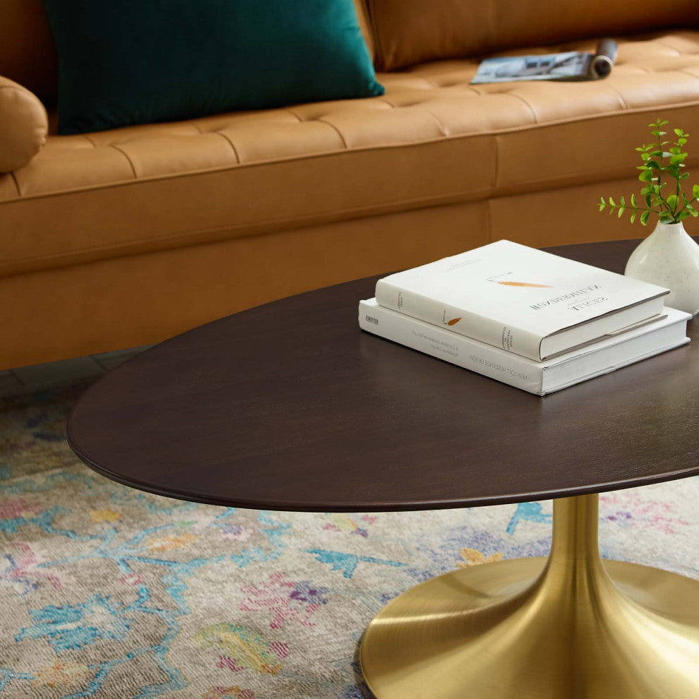 Coffee Table, Oval, Wood, Metal, Gold Dark Brown Brown Walnut, Modern, Lounge