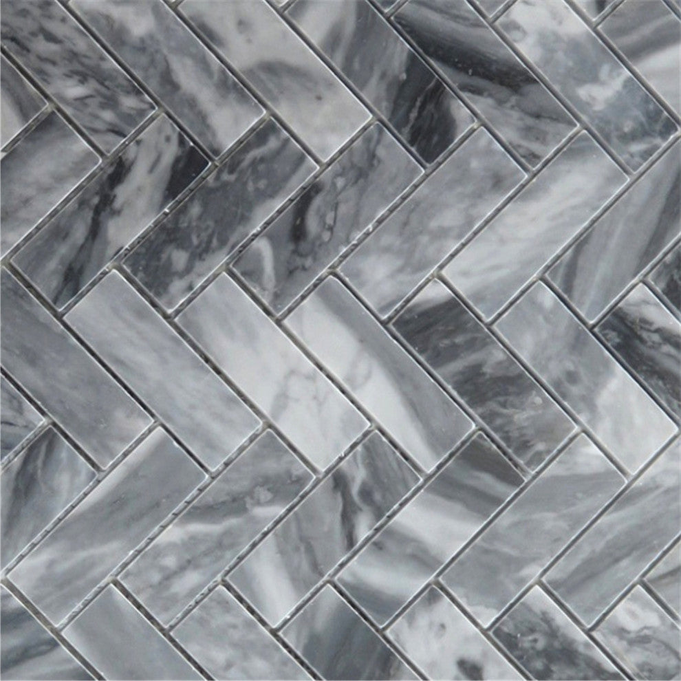 Bardiglio Gray Dark Grey Marble 1x3 Herringbone Mosaic Tile Polished, 1 sheet