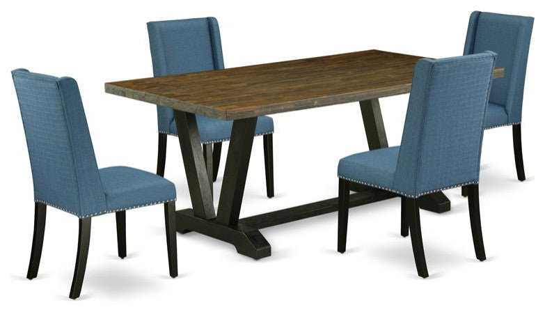 V677Fl121-5, 5-Piece Set Jacobean Table Top and 4 Chairs, Black