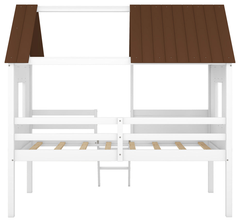 Gewnee Twin Size Low Loft Wood House Bed with Two Side Windows