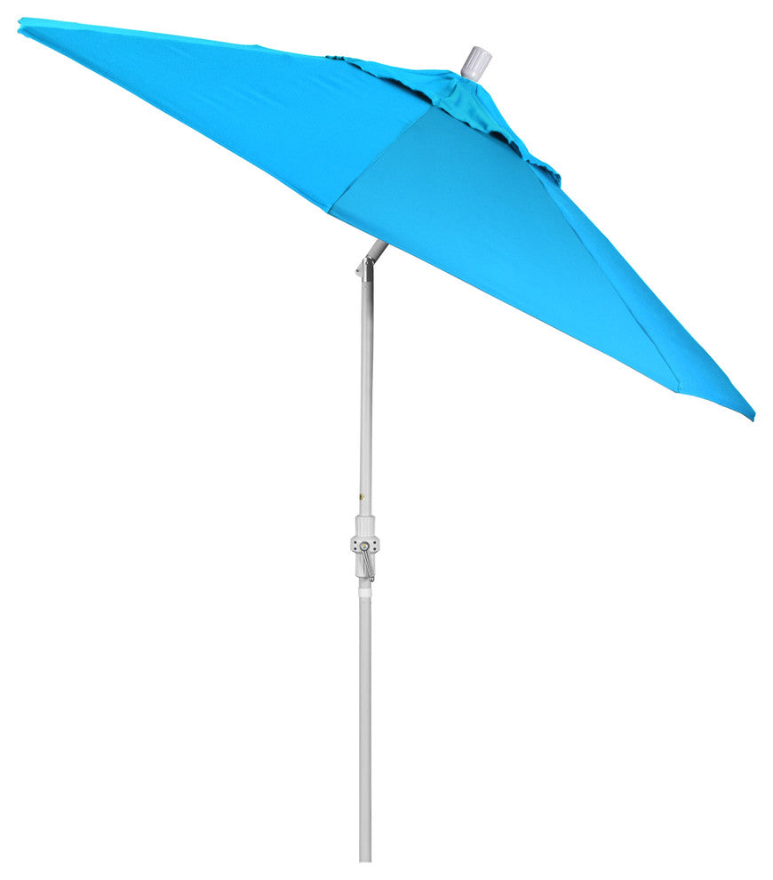 9' Matted White Collar Tilt Crank Lift Aluminum Umbrella, Sunbrella, Canvas Cyan