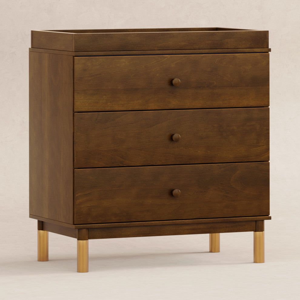 Gelato 3-Drawer Changer Dresser With Removable Changing Tray, Natural Walnut & Gold Feet