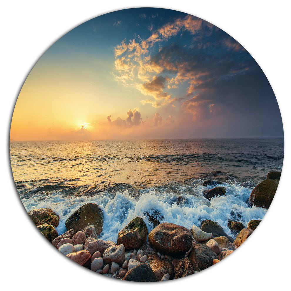 Sunrise And Shining Waves In Sea, Seashore Disc Metal Wall Art, 38"