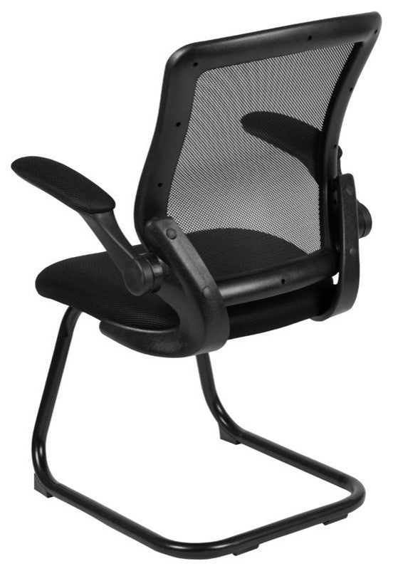 Black Mesh Sled Base Side Reception Chair With Flip-Up Arms