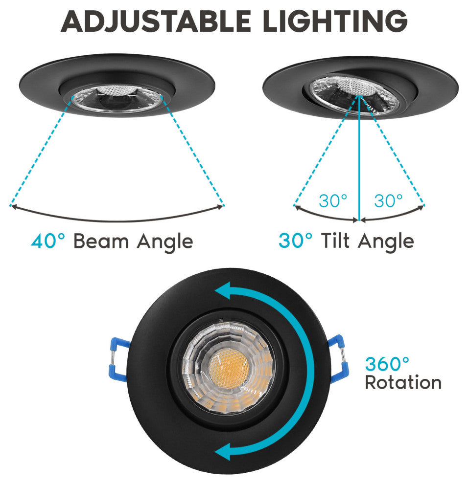 Luxrite 3" Gimbal LED Recessed Light J-Box 8W 5 CCT Black 6 Pack