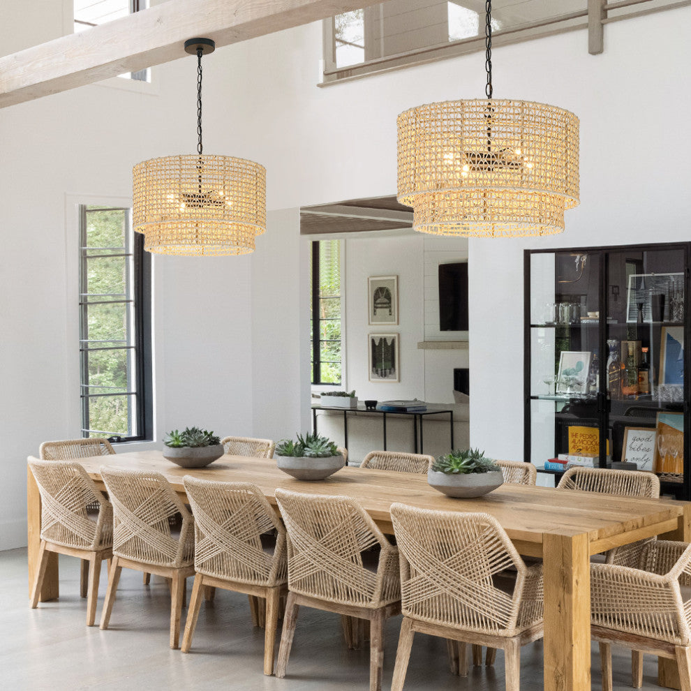 20" 4-Light Rattan Tiered Drum Chandelier Light With Black Canopy