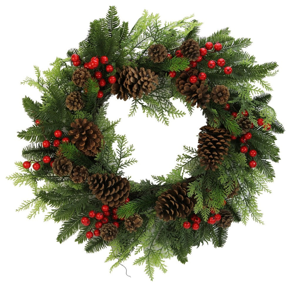 24" Faux Red Berries, Natural Pine Cones and Cedar Christmas Wreath