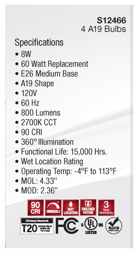 8W A19 LED, Soft White, 2700K, Medium Base, 120V, 4-Pack