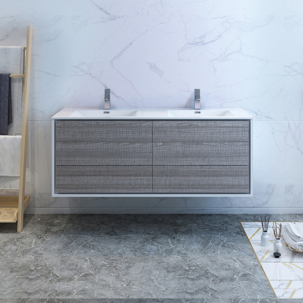 Fresca Catania 60" Gloss Ash Gray Wall Hung Cabinet With Integrated Double Sink