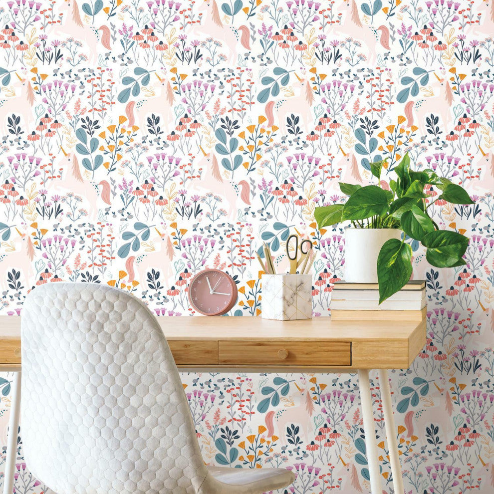 White & Pink Unicorn Paradise Peel & Stick Wallpaper