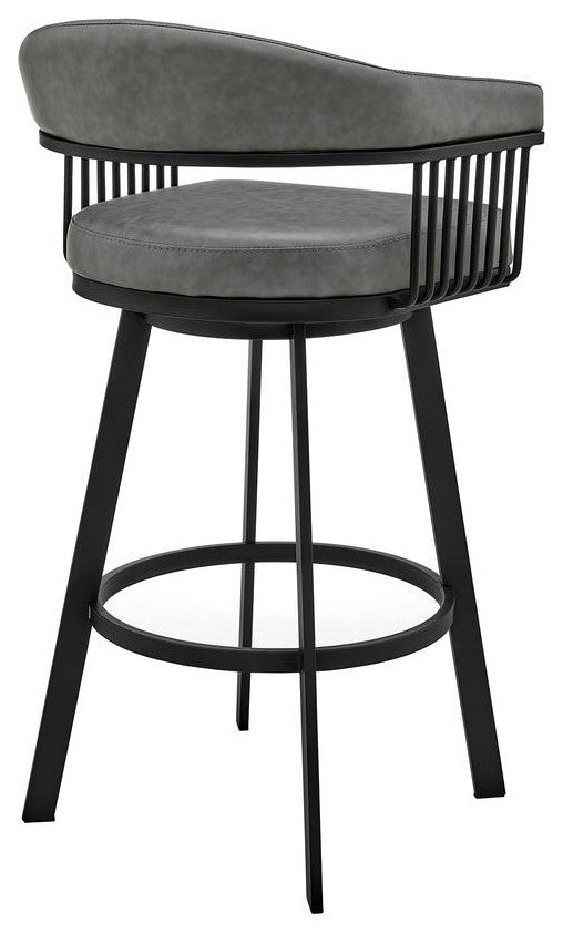 Bronson 30 Bar Height Swivel Bar Stool in Black Finish and Grey Faux Leather