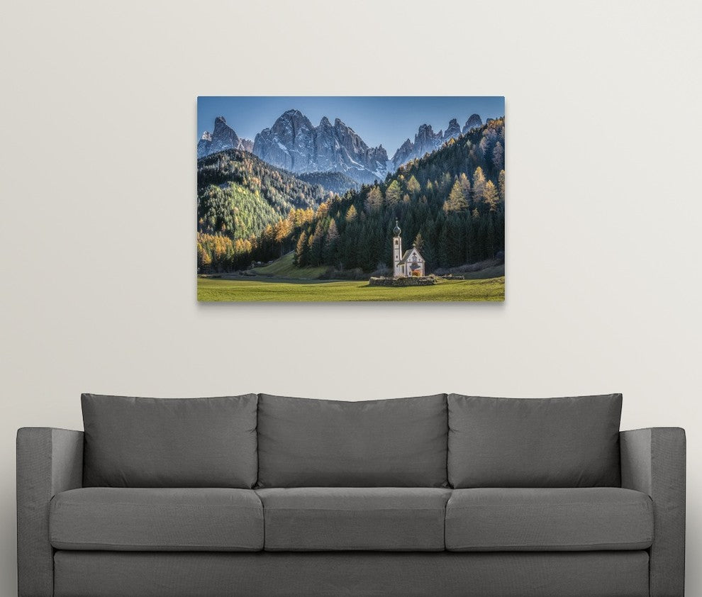 "Val Di Funes Small Church" Wrapped Canvas Art Print, 48"x32"x1.5"