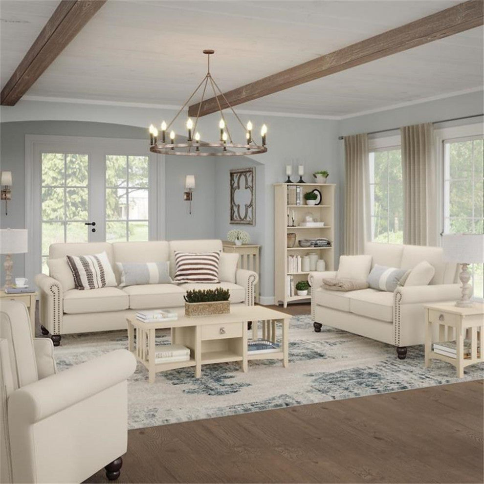Coventry 87W L Shaped Sectional Couch in Cream Herringbone Fabric