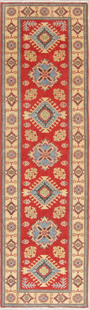 Pakistani Traditional Kazak Wool Hand Made Oriental Runner Rug, Red, 9'6"X2'10"