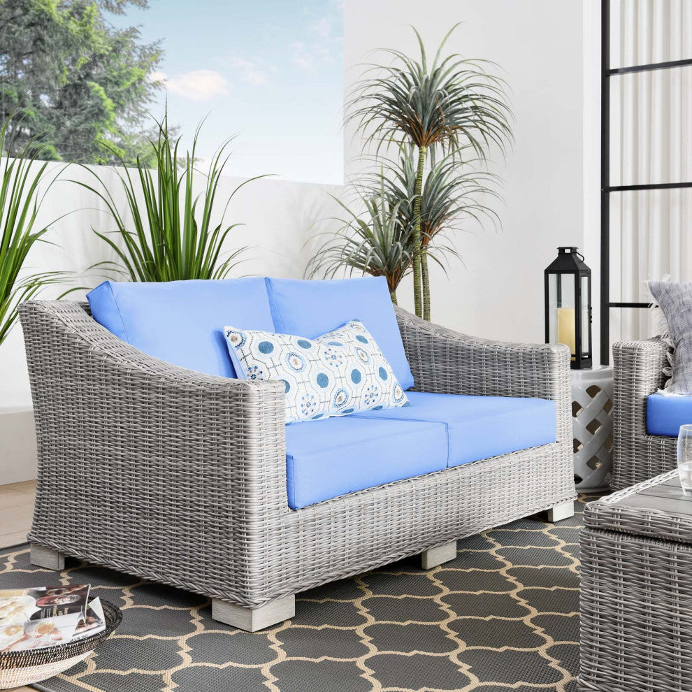 Lounge Loveseat Sofa, Rattan, Wicker, Gray Blue, Modern, Outdoor Patio Cafe