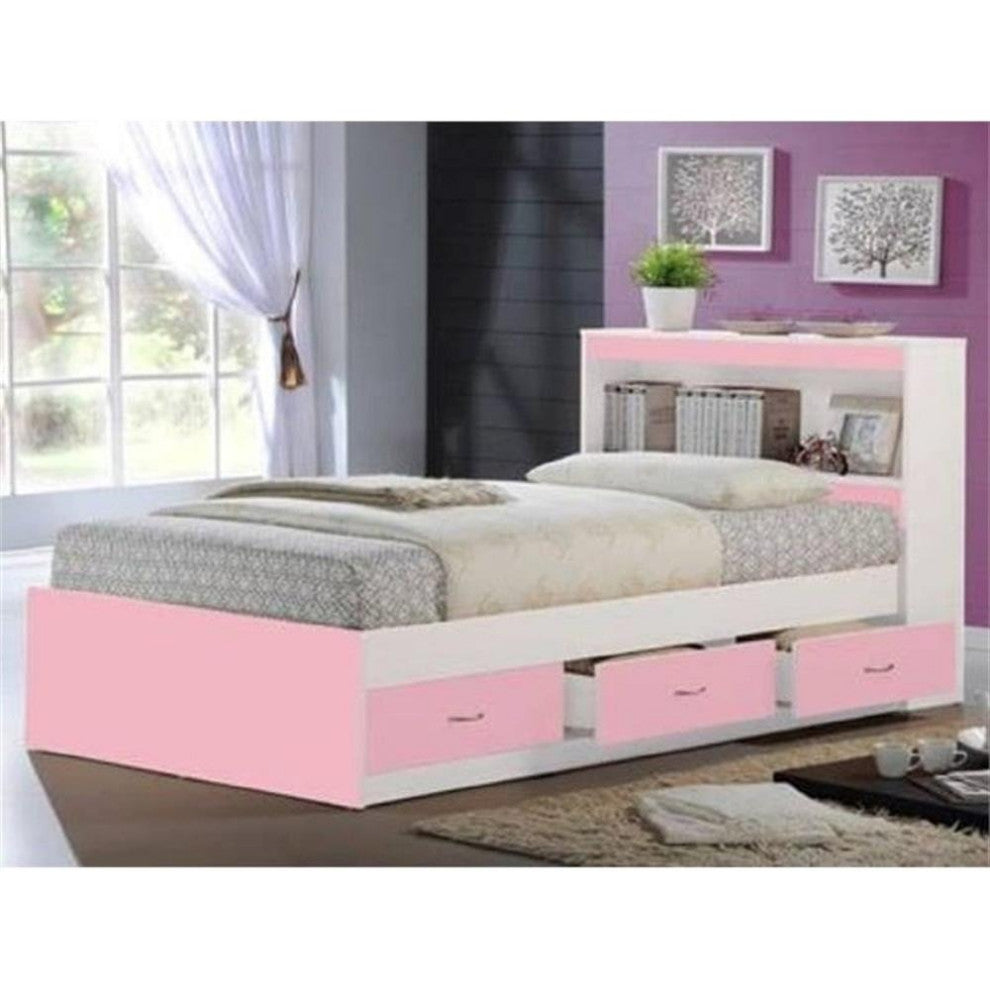 Pemberly Row Contemporary Wood Twin Captain Storage Bed with 3 Drawers in Pink
