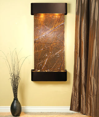 Cascade Springs Water Fountain, Brown Marble, Blackened Copper, Round