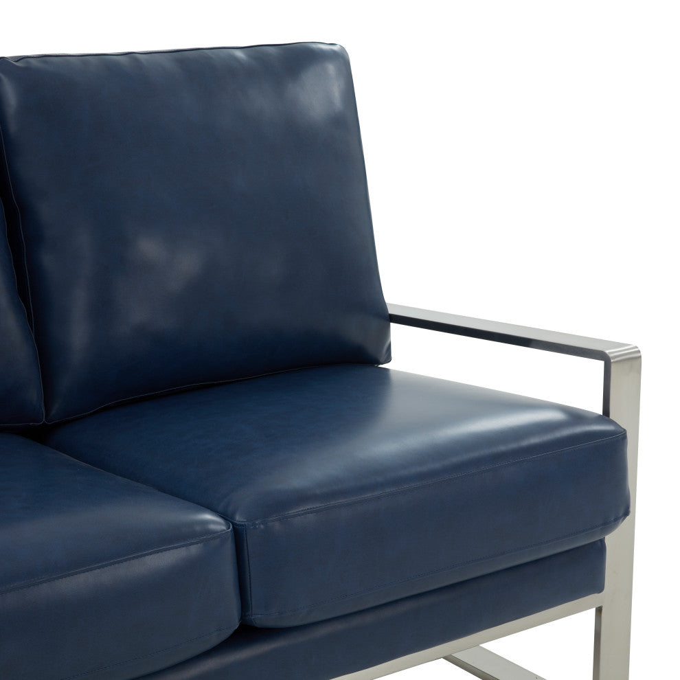 LeisureMod Jefferson Modern Faux Leather Loveseat With Silver Frame, Navy Blue