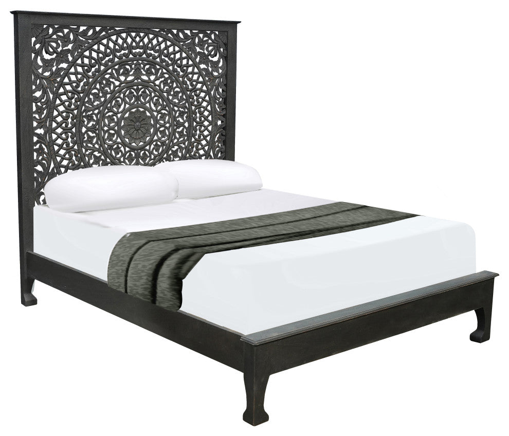 Milano Floral Carved Solid Wood Queen Panel Bed, Black, Queen