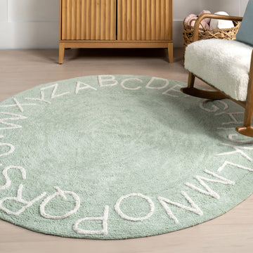 Nuloom Kids Washable Round Alphabet Rug, Mint Green 4' Round