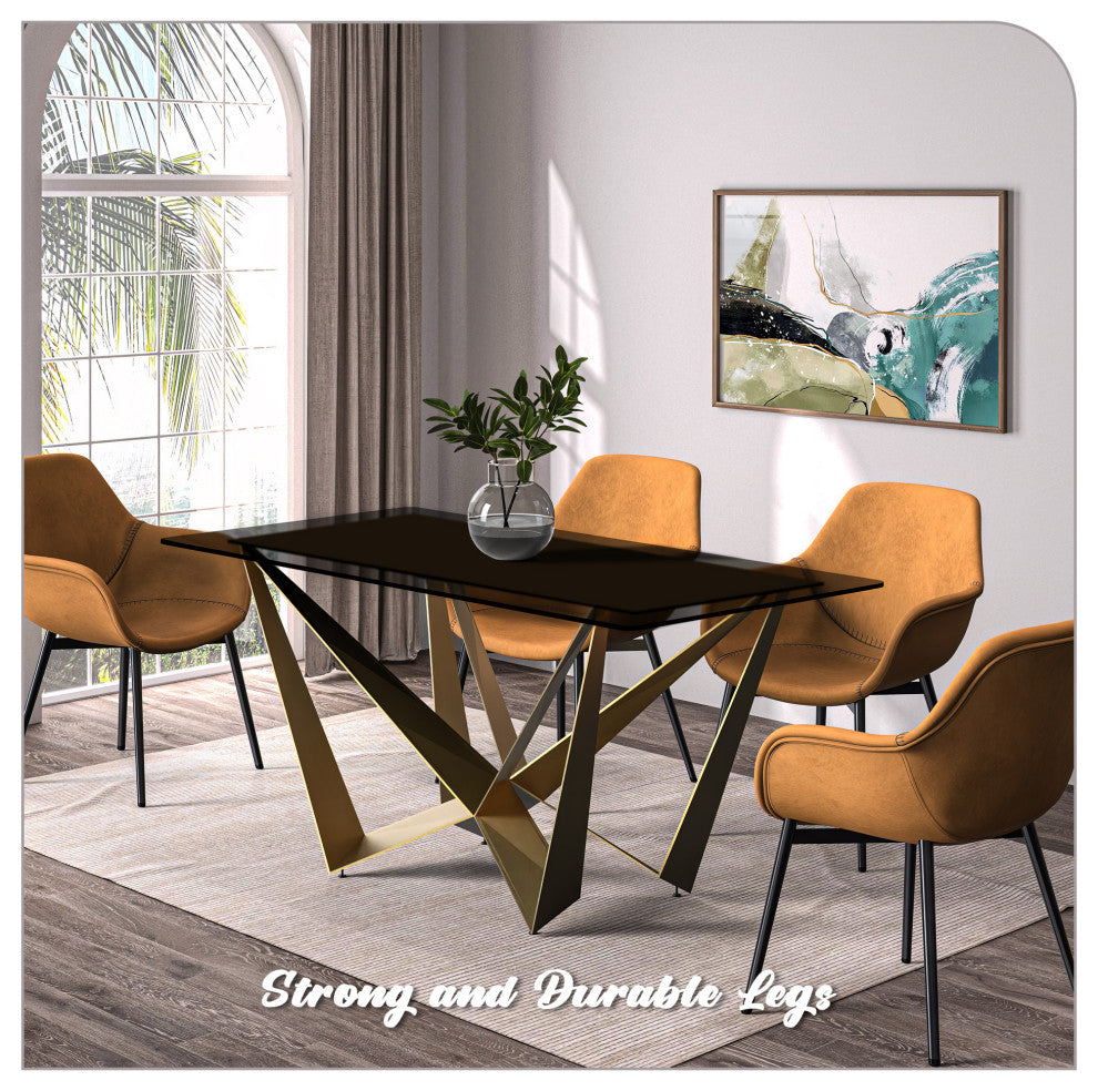 LeisureMod Nuvor Dining Table With Rectangular Top and Gold Steel Base, Black, 55 Inch