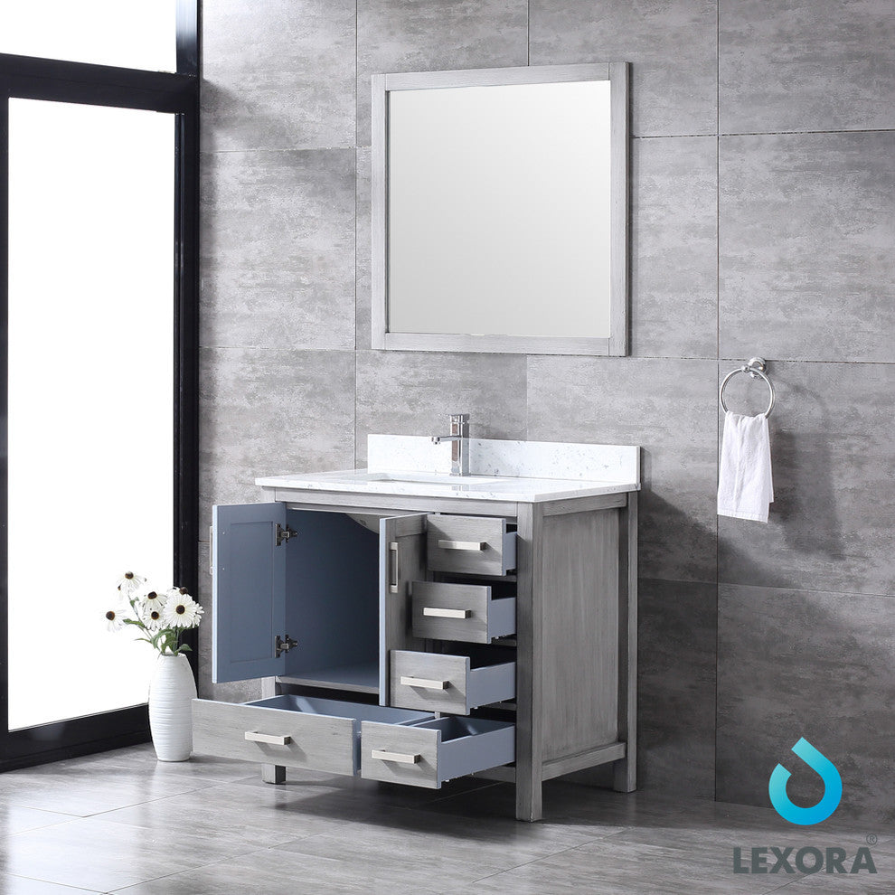 36" Single Vanity With Carrera Marble Top, Sink and 34" Mirror, Distressed Gray