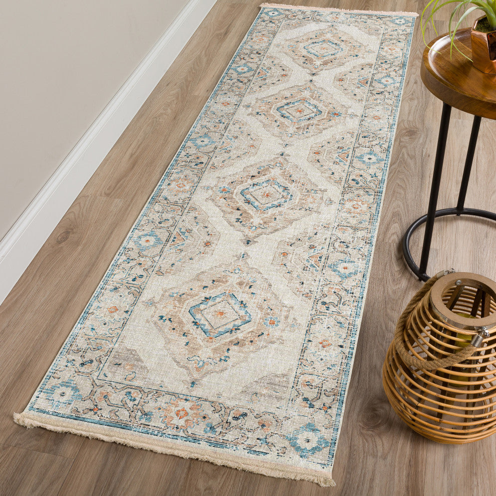 Indoor/Outdoor Marbella MB1 Ivory Machine Washable 2'3" x 12' Runner Rug