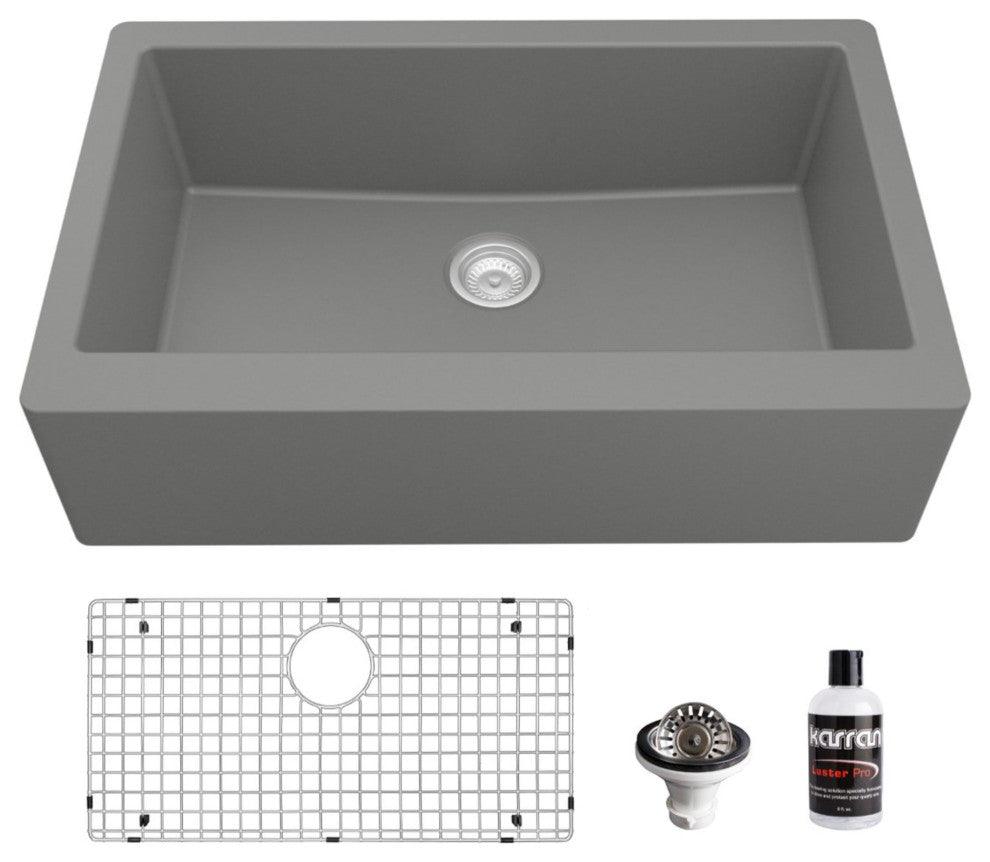 Karran Farmhouse/Apron-Front Quartz 34" Single Bowl Sink Kit, Grey