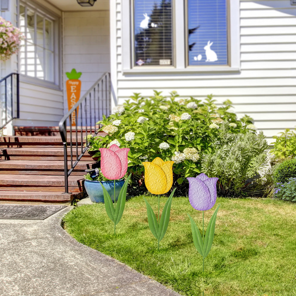 24"H Easter Metal Tulips Yard Stake, 3-Piece Set