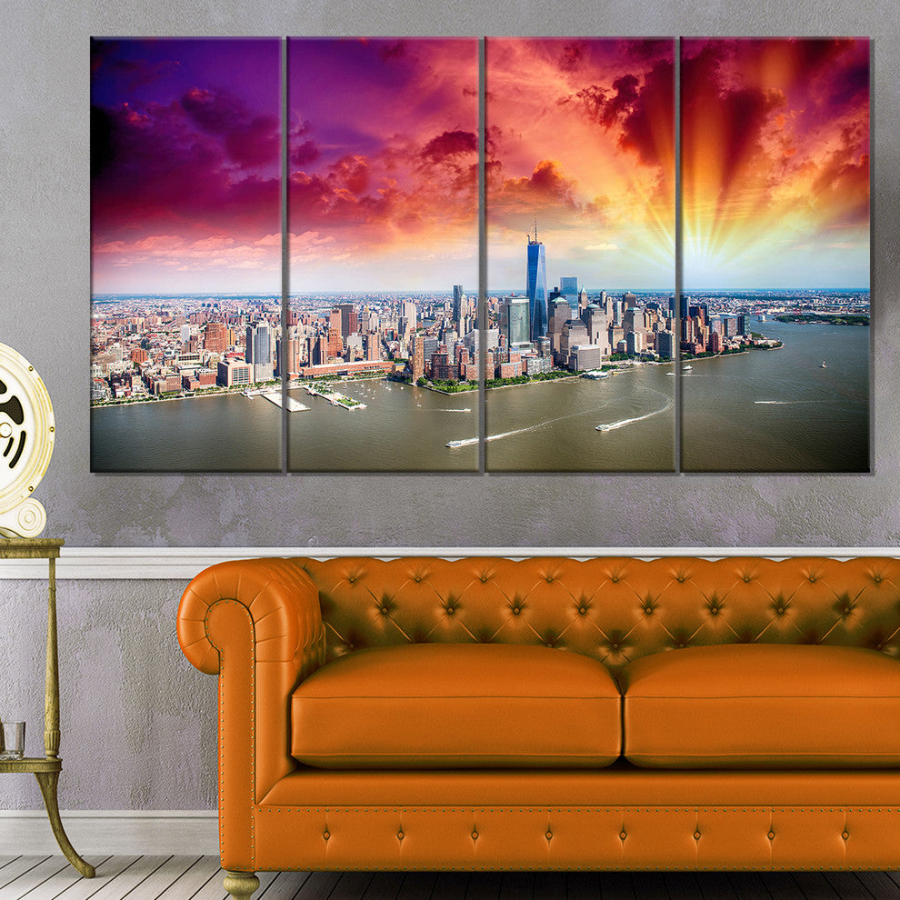 Colorful New York Skyline Aerial View, Cityscape Canvas Print, 48"x28", 4 Panels