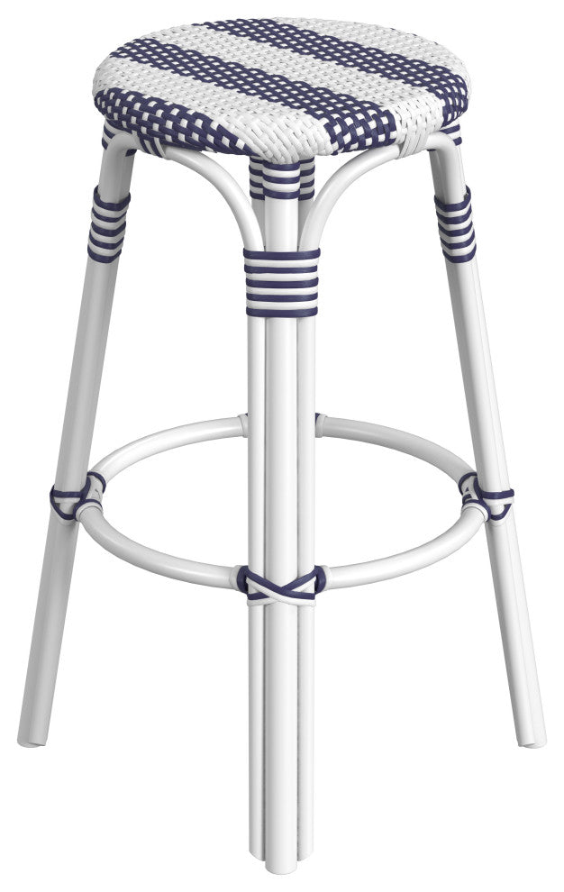 Tobias Round Rattan 30" Bar Stool, White and Navy Stripe