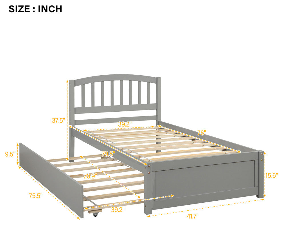 TATEUS Twin Platform Bed With Trundle, Wood Bed Frame With Headboard, Gray