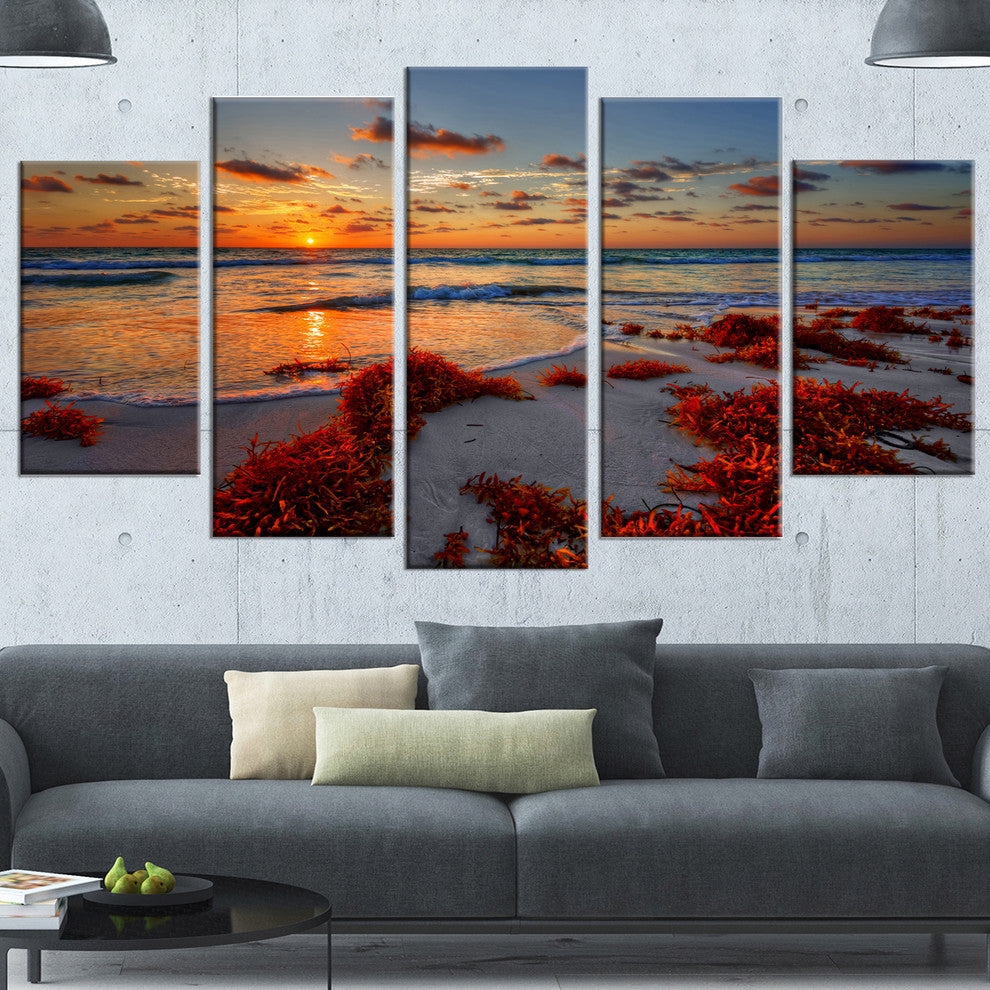 Beautiful Shore and Cloudy Sky, Landscape Canvas Print, 60"x32", 5 Panels