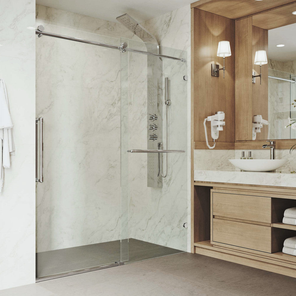 VIGO Ferrara Frameless Sliding Shower Door, Chrome, 72" to 73" W X 74" H, Clear Glass