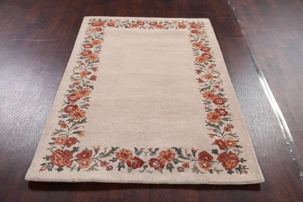 Oushak Hand Tufted Oriental Floral Area Rug Solid, Beige, 5x8'