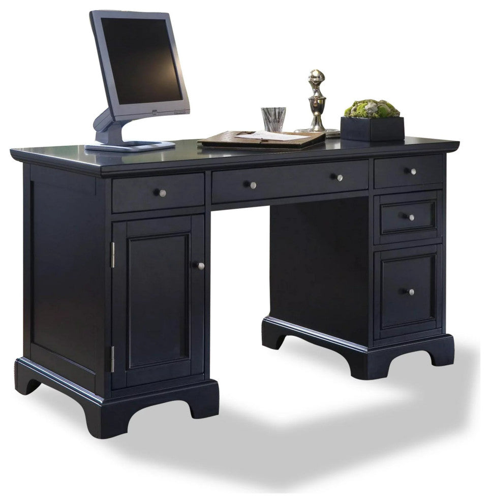 Contemporary Executive Desk, Double Pedestal Design With Storage Drawers, Black