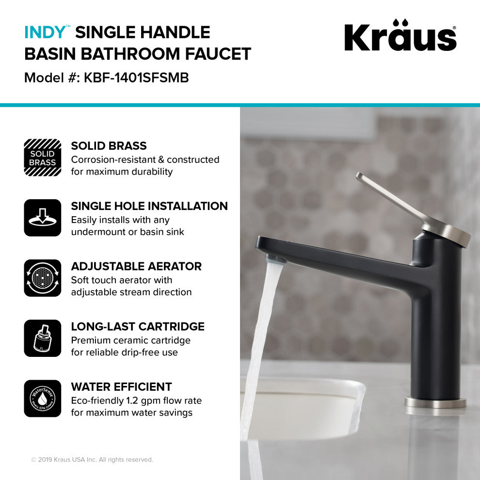 Indy Single Handle 1-Hole Bathroom Basin Faucet SFSMB, Drain Overflow SN